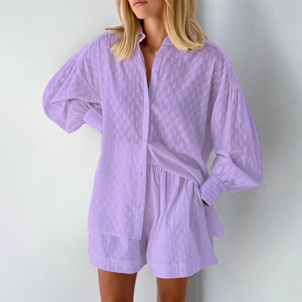 Women's Clothing, Shirts, Jacquard, Bubble Sleeves, Tops, Shorts, Casual Suits