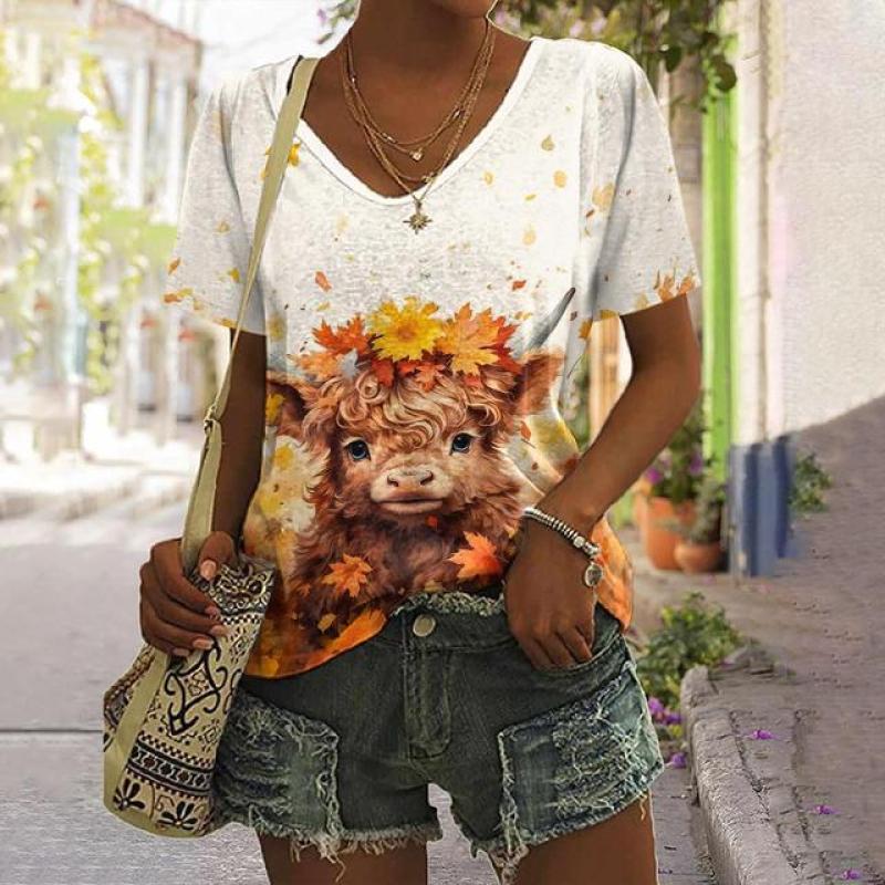Animal Women's T Shirt Summer Casual Short Sleeve Top Cute Calf Pattern 3d Print Street Fashion V-Neck Female Harajuku Clothing