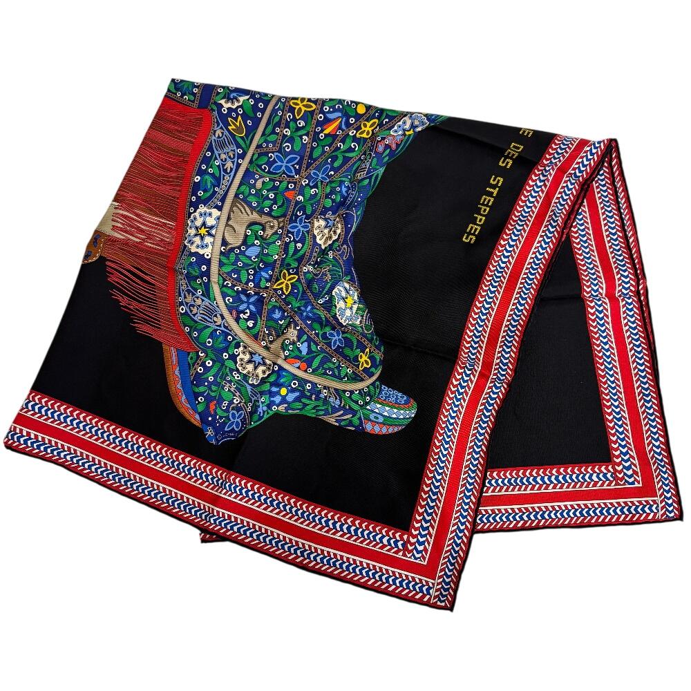 Hermes SELLE DES STEPPES (Saddle) Silk Calle 90 Scarf Navy Silk Used