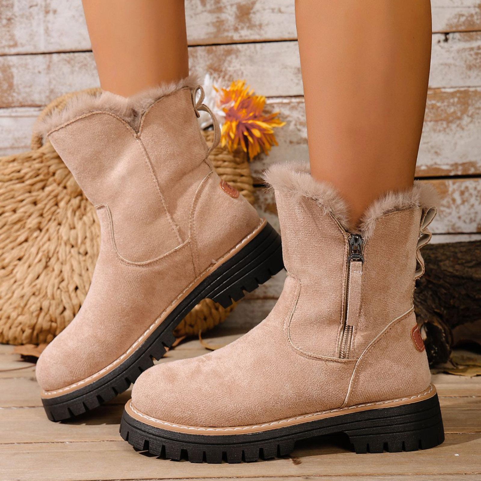 

Women s Retro Simple Fleece Lined Warm Platform Suede Cotton Mid Calf Boots With Side Zipper Wide Calf Boots for Women Knee High 36 бежевый