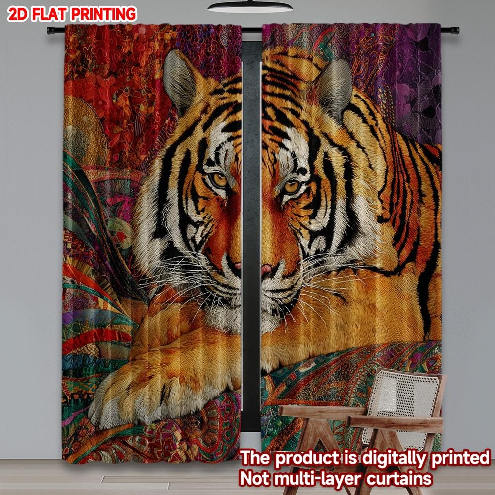 Artistic Tiger Pattern Curtains Digital Printing Realistic Orange Black Stripes Background Bold Living Room Decor Set Of 2 Made Polyester Area