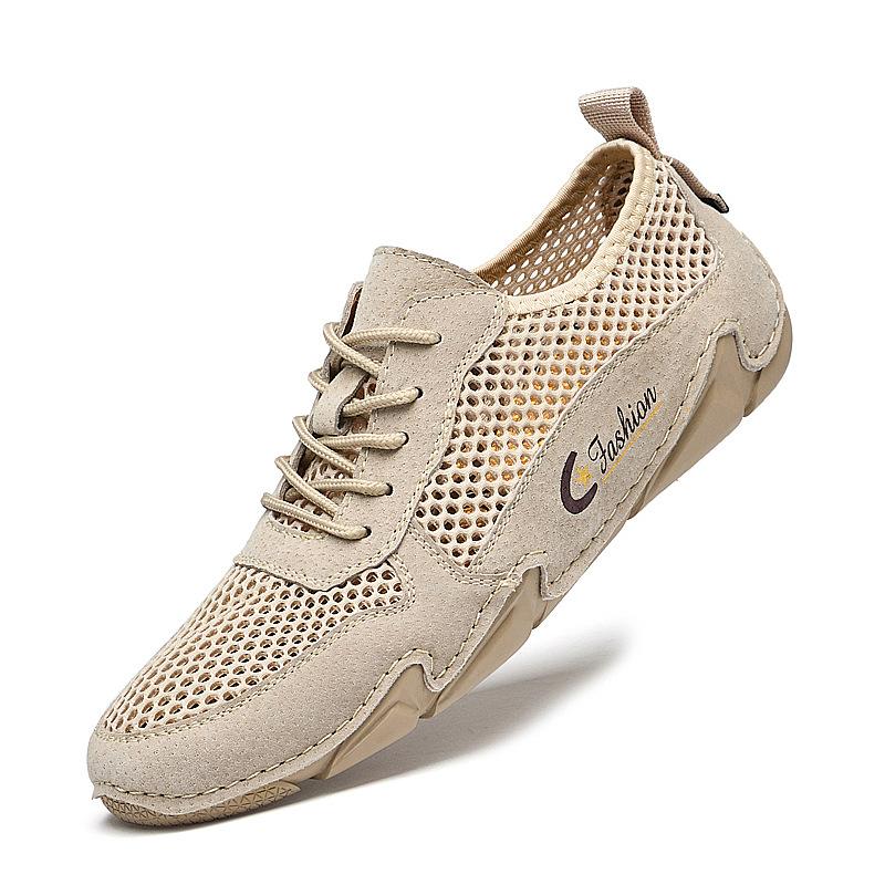 Summer Genuine Leather Men's Casual Sneaker Plus Size Sewing Genuine Leather Mesh Shoes