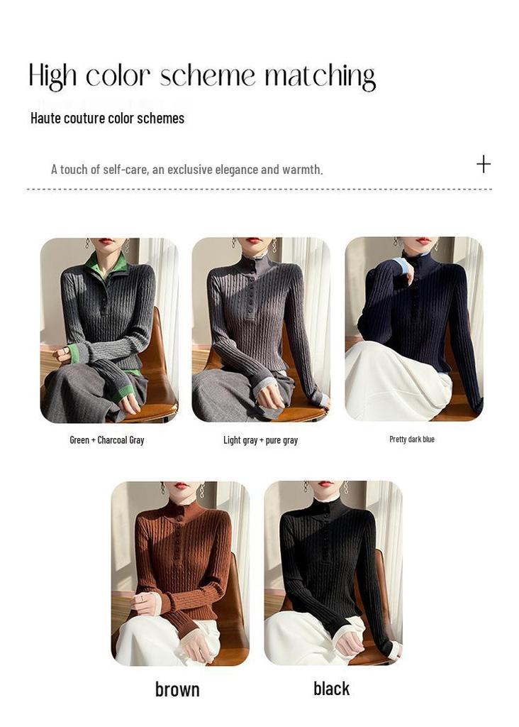 Half-Open Stand Collar Contrast Faux Two-Piece Slim Fit 60s Merino Wool Cable Knit Sweater