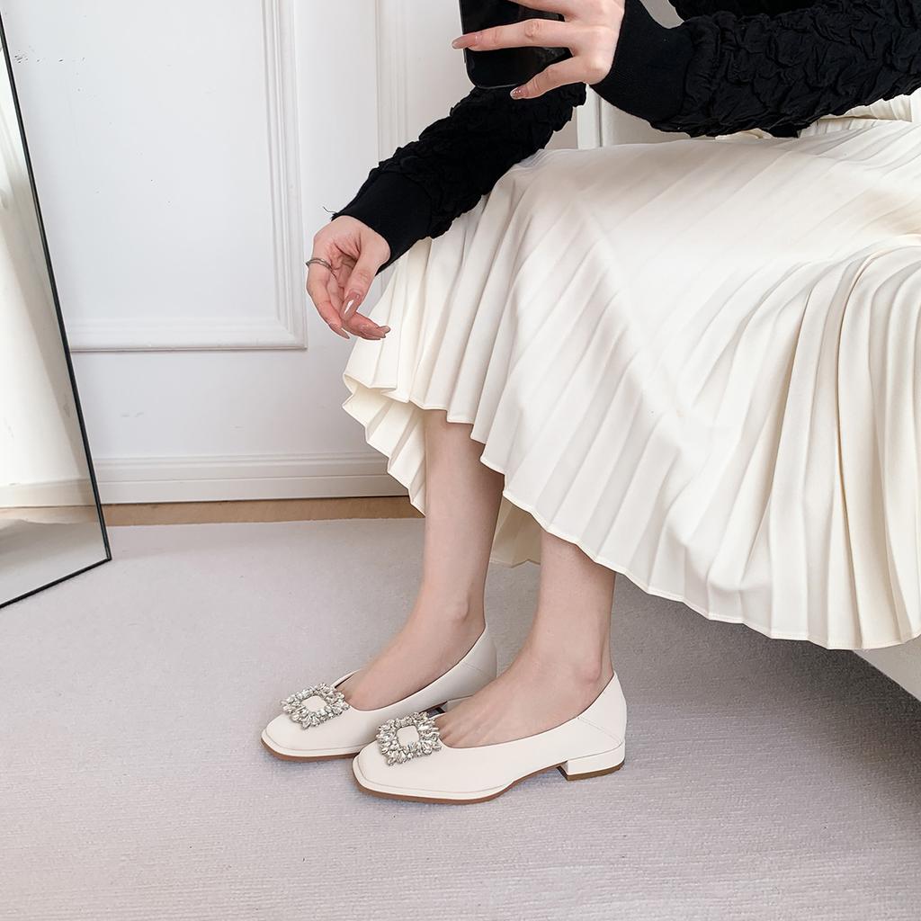 608-3 Classic Square Buckle Small Square Head Shallow Mouth Flat Shoes Autumn and Winter New Rhinestone Low Heel Commuting Single Shoes Women's Shoes