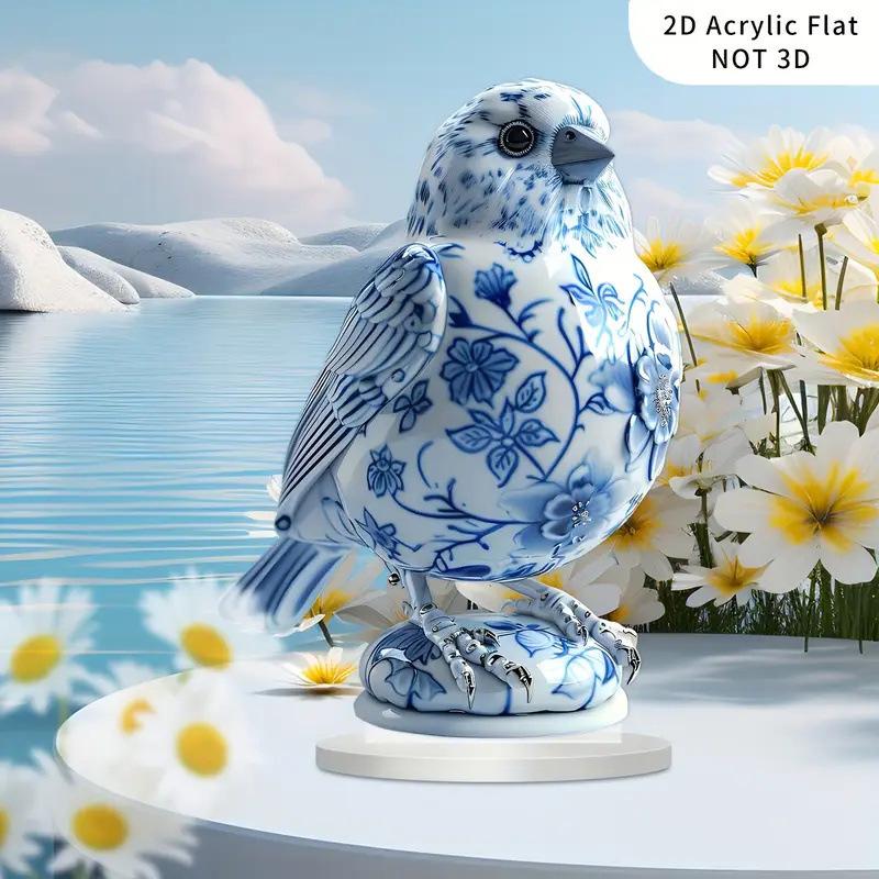 Charming Blue & White Porcelain Bird Statue - Acrylic Decor for Home, Office, or Garden