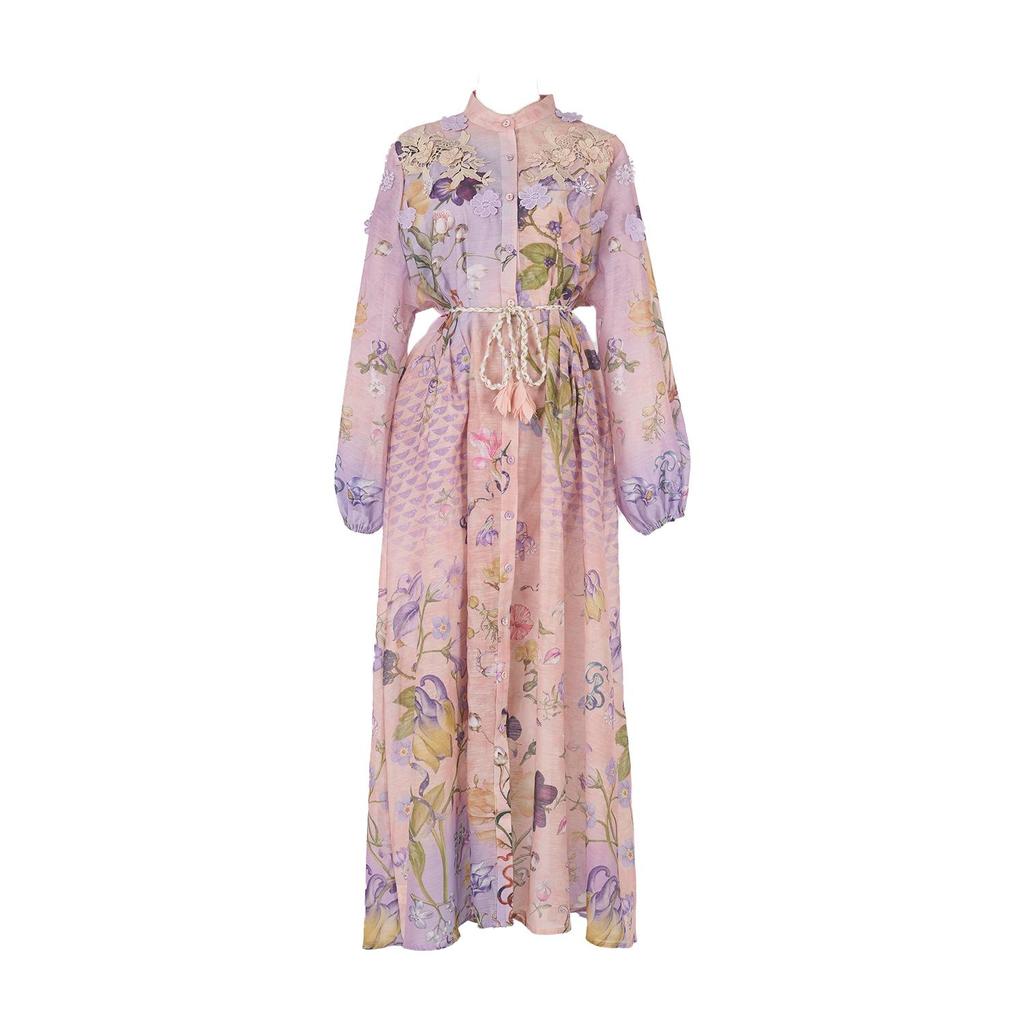 Exquise Robe Maxi Imprimée à Manches Bouffantes avec Détail à Nouer