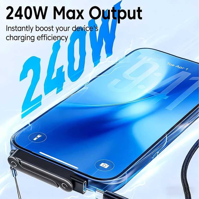2‑in‑1 240W Super Fast Charging Cable Detachable Foldable Desktop Phone Stand Holder for Smartphone Tablet Laptop Travel Use