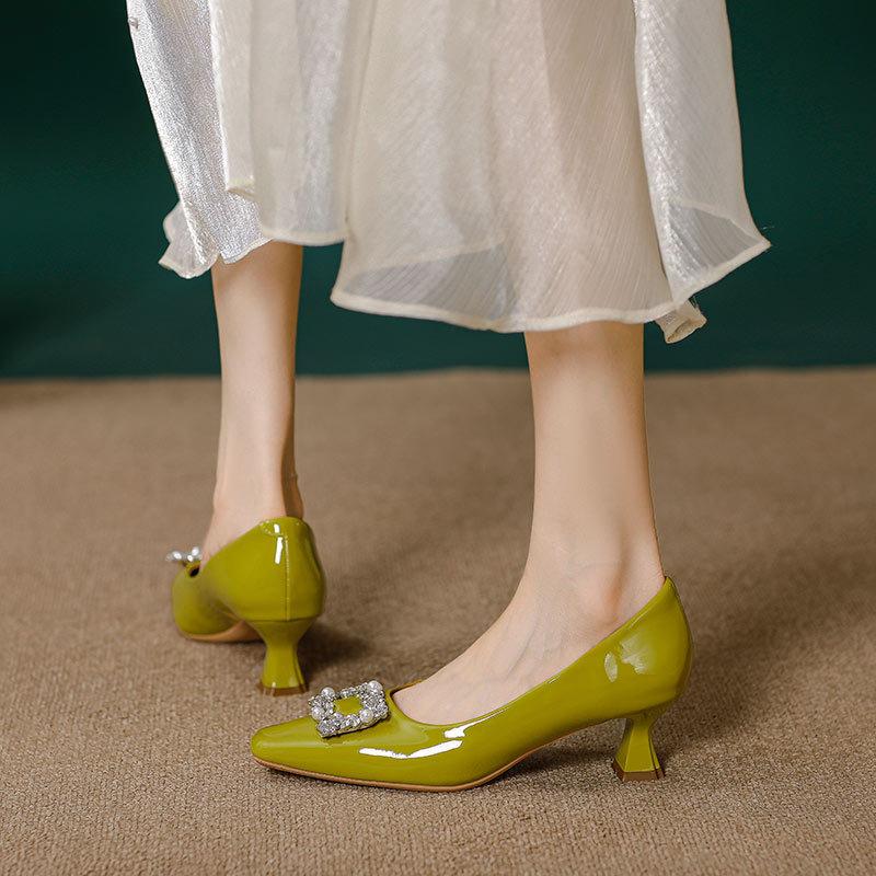 French single shoes women's medium heel 2025 new spring and autumn small high heel square head shoes women's rhinestone square buckle high heel