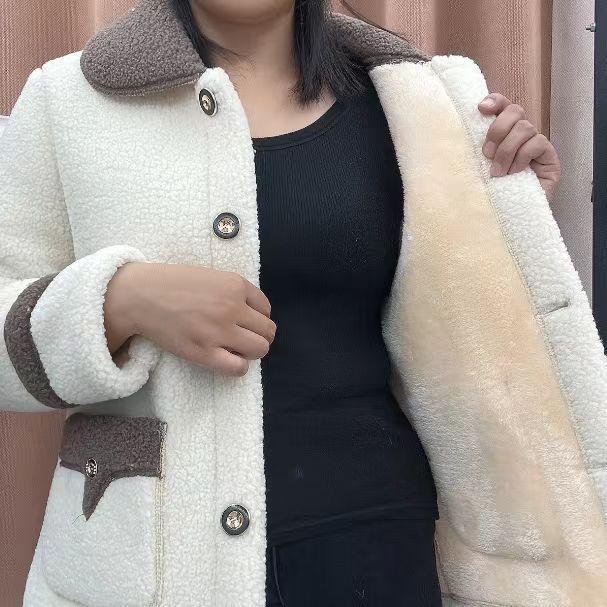 Lambswool Faux Fur Lined Loose Fit Mid-Length Women's Winter Coat, 2025 Autumn/Winter Collection