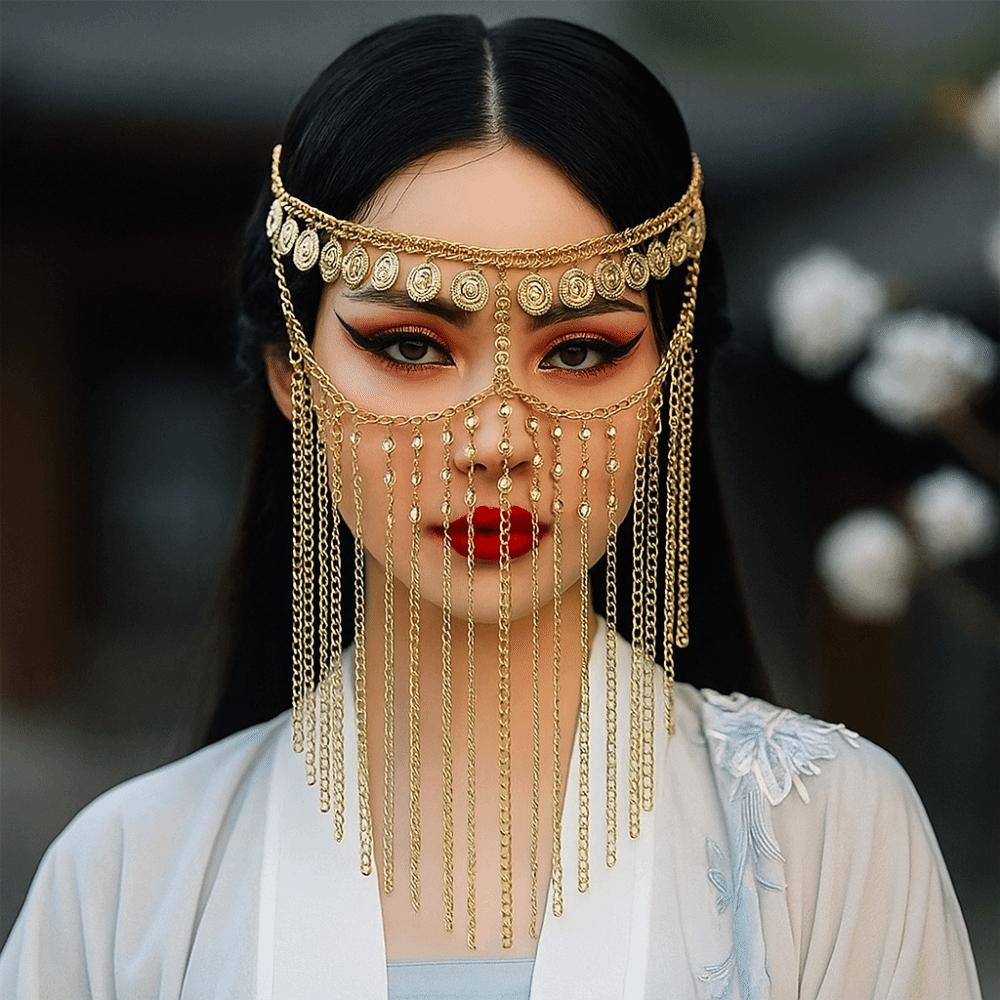Rhinestone Curtain Head Chain Coin Bell Masquerade Mask Fashion Belly Dance Face Veil Middle East