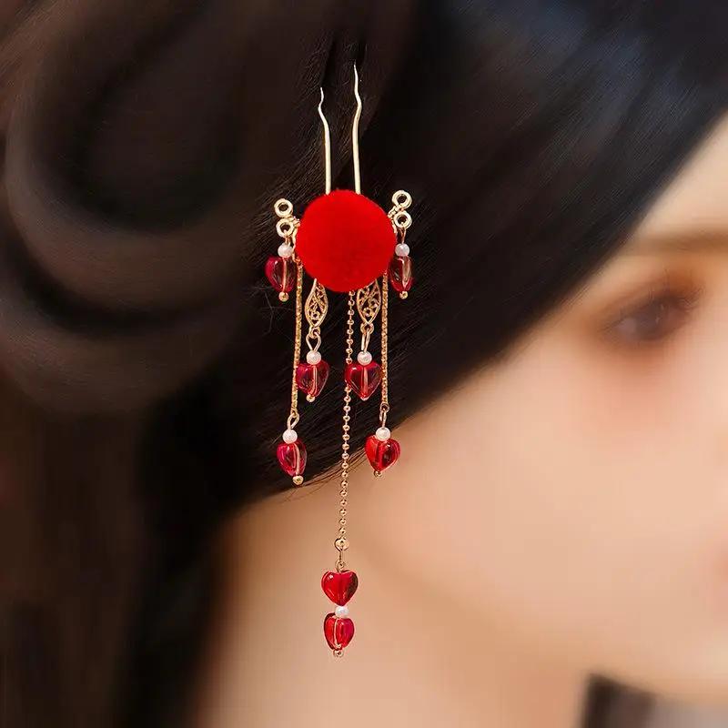 Red Maple Leaf Long Tassel Headdress Antiquity Hairpin Hanfu Cosplay Hair Clasp Step Shake