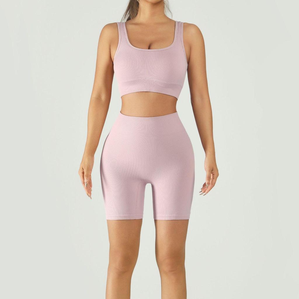 Ribbed Band Sports Bra & High-Waisted Peach Fitness Yoga Shorts Set