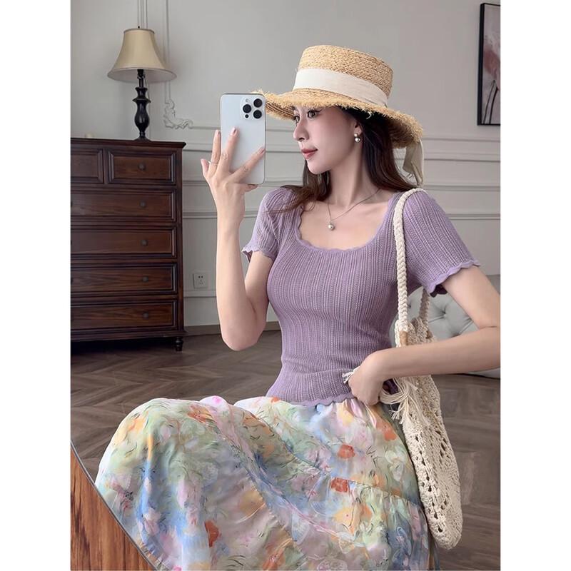 JK&JS Women's Square Collar Slim Fit Short Sleeve Knit Top