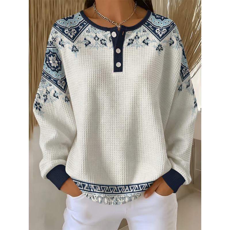 Women'S Waffle Henley Button-Long Sleeve Top, Blue White Ethnic Style Geometric Floral Flat Print Casual Blouse