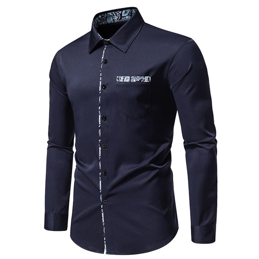 Men's Casual Fashion Lapel Long Sleeve Shirt Men's Flower Print Color Block Long Sleeve Shirt