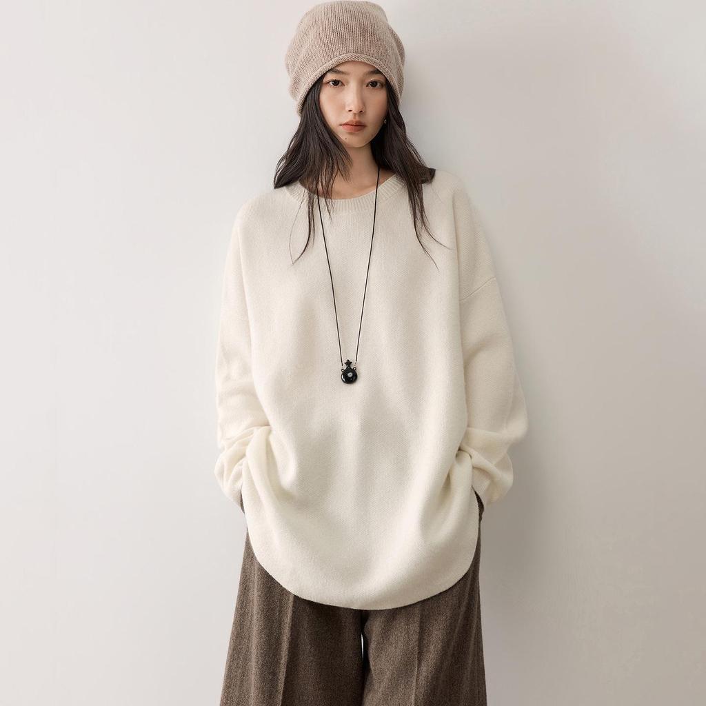 Cashmere Seven-Stitch Round Neck Loose Mid-Length Split Hem Knitted Sweater