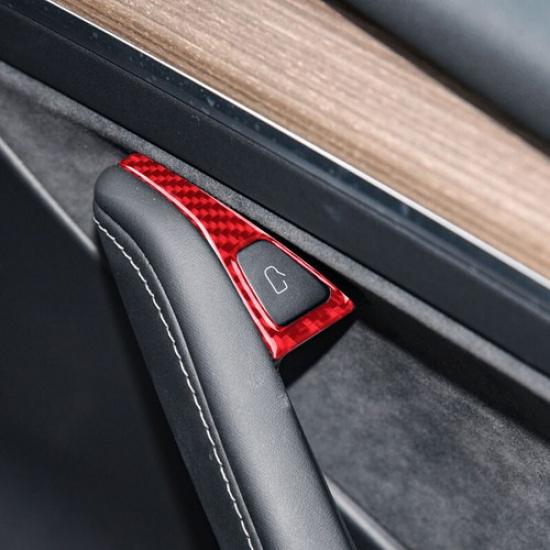 Bright Red Carbon Fiber Car Door Open Button Frame Sticker For Model 3 Y 17-22