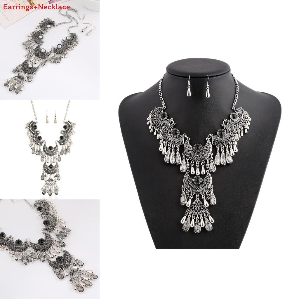 Water Drop Pendant Necklace Earrings With Multilayer Chain For Vintage Art Deco Jewelry Collection