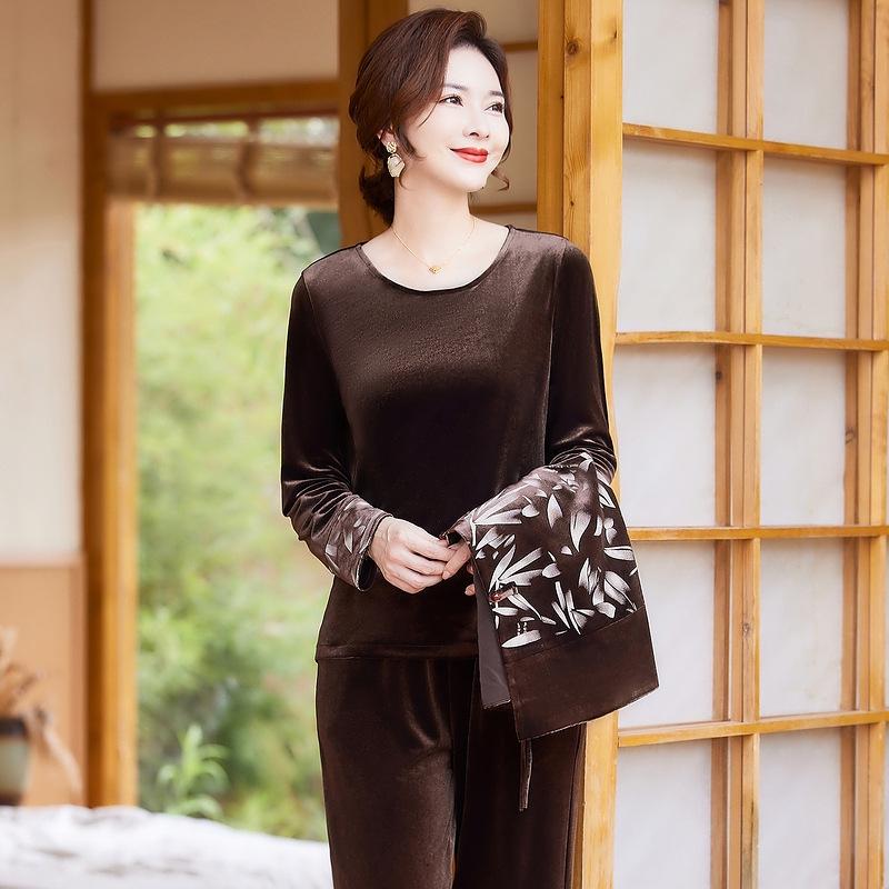 

Элегантная футболка с длинным рукавом из золотого бархата для женщин среднего и пожилого возраста 5XL