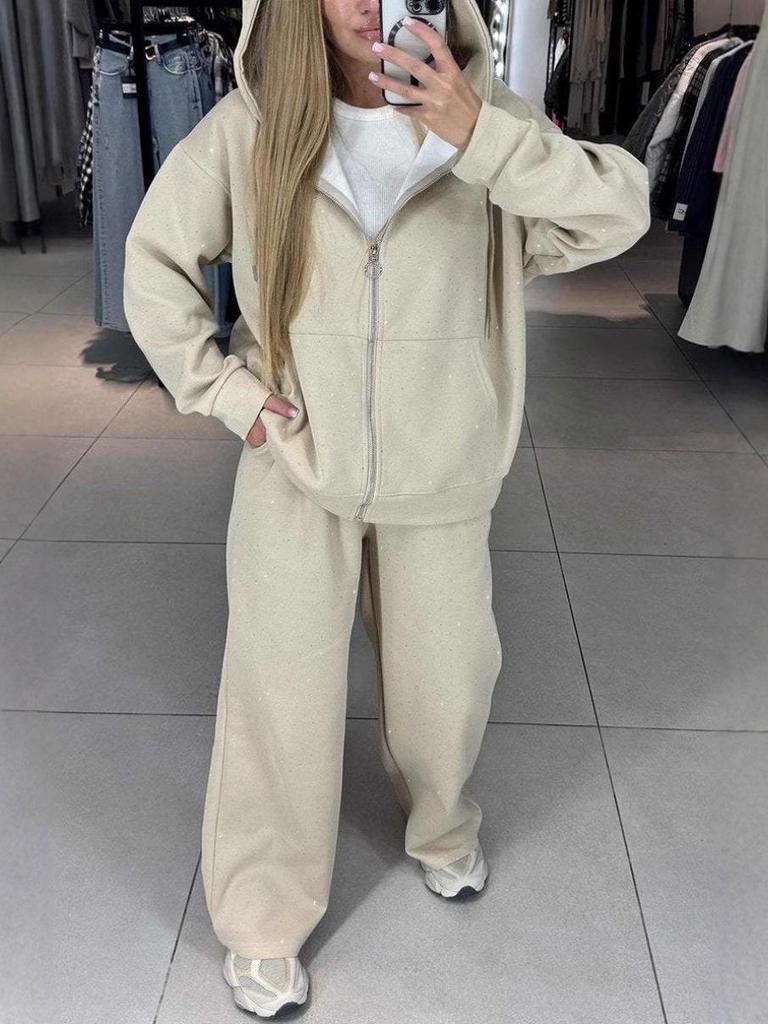 Women's Autumn/Winter Hooded Sweatshirt and Wide-Leg Pants Set with Full Diamond Details