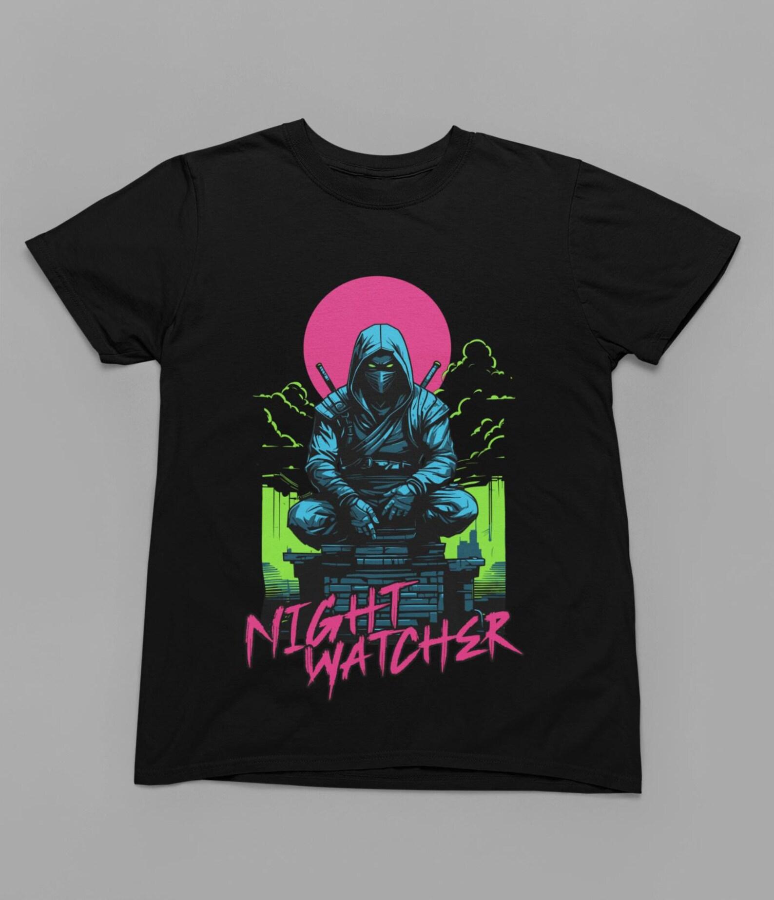 Night Watcher Shirt, Neon Ninja Retrowave Graphic Tee, Pink Sun Synthwave Dark Unisex Top, Cyberpunk Anime Birthday Gift S
