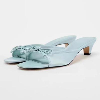 New Style Bows Satin Slipper Sandals Slip-On Solid Color Fashion Elegant Concise Sweet Party Women Shoes Square Toe Thin Heels