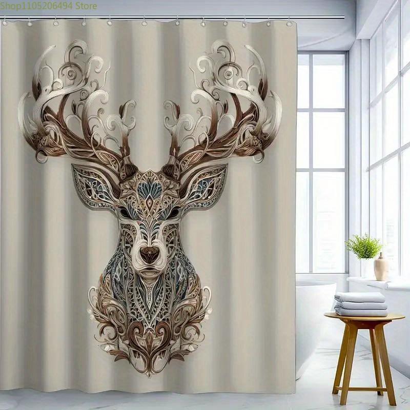 A Vintage Deer Head Shower Curtain, Artistic Decoration, Christmas Shower Curtain, Includes 12 Hooks, 180*180Cm Bathroom Curta