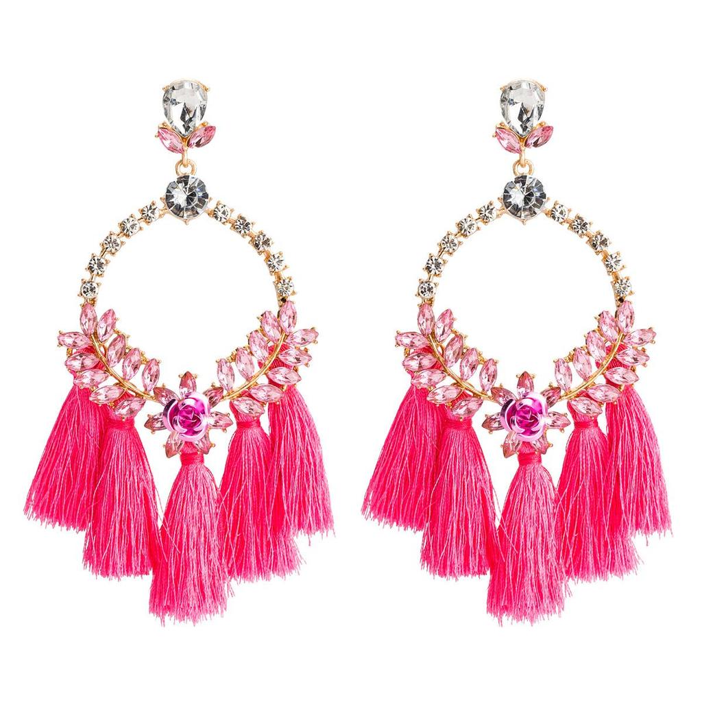 Women's Earring Exaggerated Flowers with Diamonds Tassel Acrylic Earrings Bohemian Temperament Female Earrings
