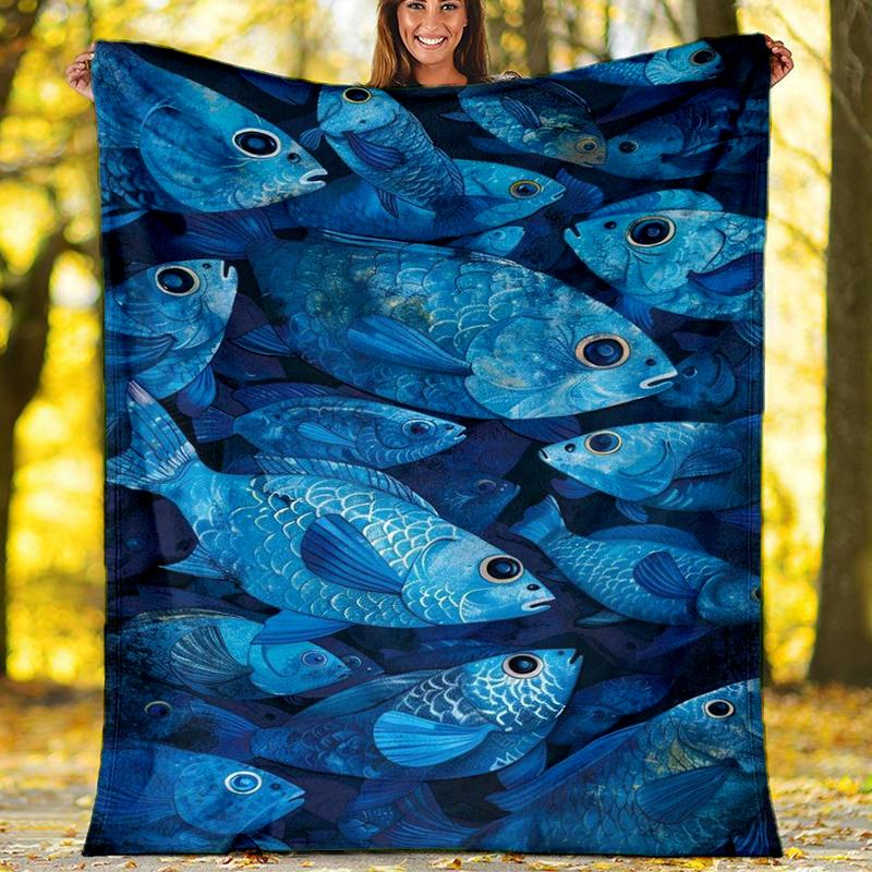 Blue Fish School blanket Personalized Name Flannel Blanket Soft Cozy Plush Throw for Sofa Bed Lightweight Home Décor