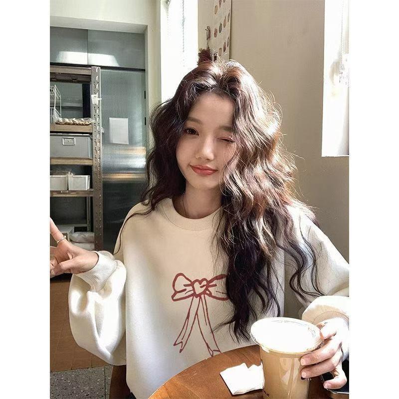 Ladies Cartoon Pattern Solid Color Hoodie Korean Letter Decorated Round Neck Hoodies Winter Loose Versatile Woman Top