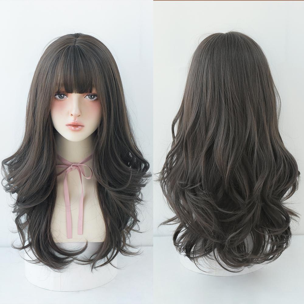 Lange Lockige Haare Damen Perücke mit Pony Täglich Braun Schwarz Rosa Lolita Cosplay Geflochtene Perücken Hitzebeständige Faser Party Kunsthaar