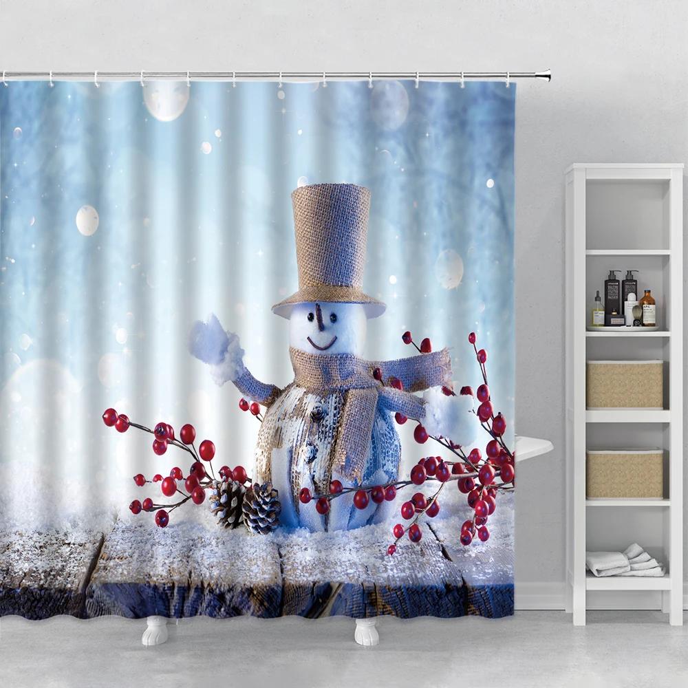 Happy Snowman Christmas Shower Curtain Snowflake Santa Claus New Year Gift Bathroom Waterproof Bath Curtain Home Decor With Hook