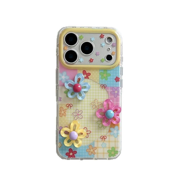 Niche Plaid Color Block 3D Floral Case for iPhone 17, 16 Pro Max, 15, 14