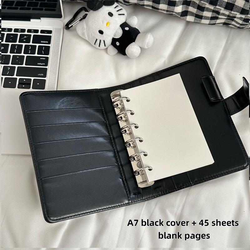 Kawaii Kitty A7 Retro Small Notebook Black Faux Leather Binder Portable Diary Set With Card Holder Student Stationery Supplies