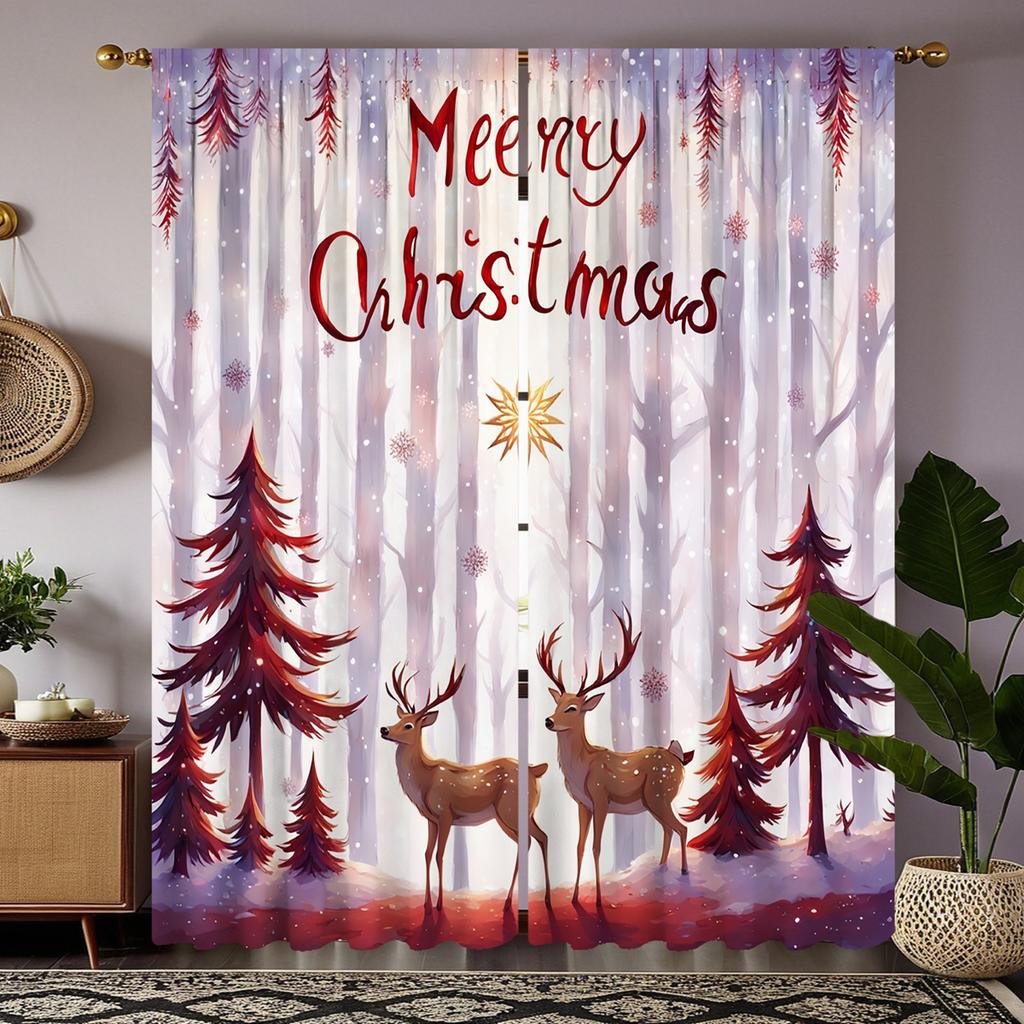 2-piece HD Digital Brown Tie Christmas Snow Elk Curtain Home Decoration Style Decorate Living Room Bedroom Through Rod Curtain E