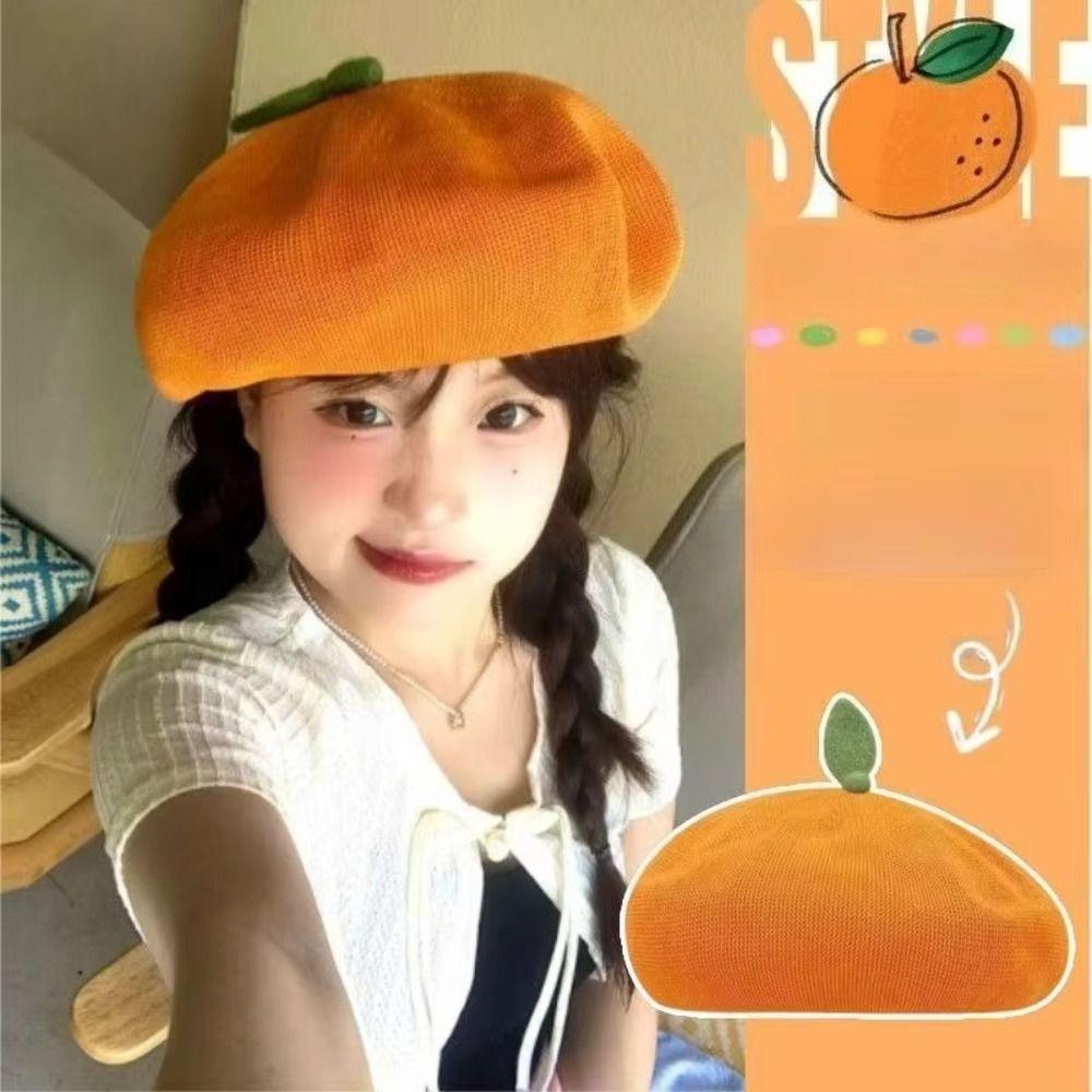 Breathable Girl Painter Hat Little Leaf Beanie Beret Cap Japanese Beret Fruit Caps  Spring Summer