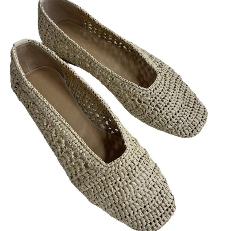 Fårskinnsversion~ nisch retrostil raffia ihåligt vävda plattbottnade enskor damskor grund mun fyrkantig tå mormorsskor damskor