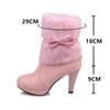 New Winter Fashion Womens Warm Fur High-heeled Boots Pink White Black Bowtie Lovely Lolita Ladies Party Wedding Shoes 33-43