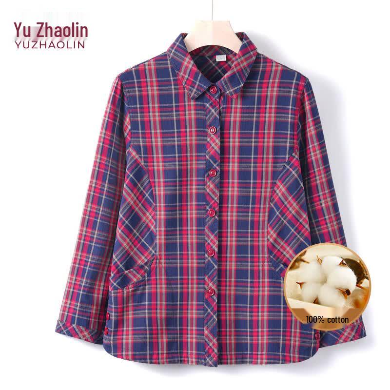 YUZHAOLIN Women s Pure Cotton Plaid Long Sleeve Shirt Jacket XL