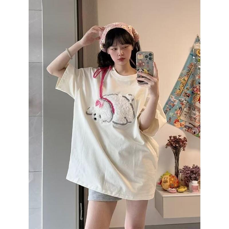 Koreańskie Damskie Koszulki z Krótkim Rękawem Casualowe Oversize z Haftem Kwiatowym Damskie T-shirty Moda Damska Bawełniana Koszulka biała y2k Topy