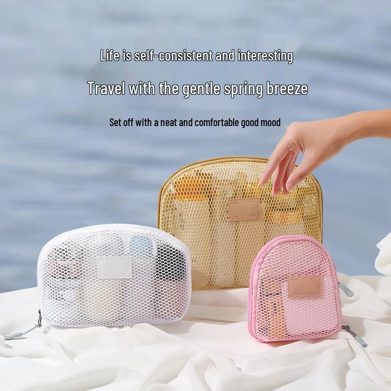 Portable Half-Round Mesh Makeup Bag - Compact Travel Toiletry & Lipstick Organizer