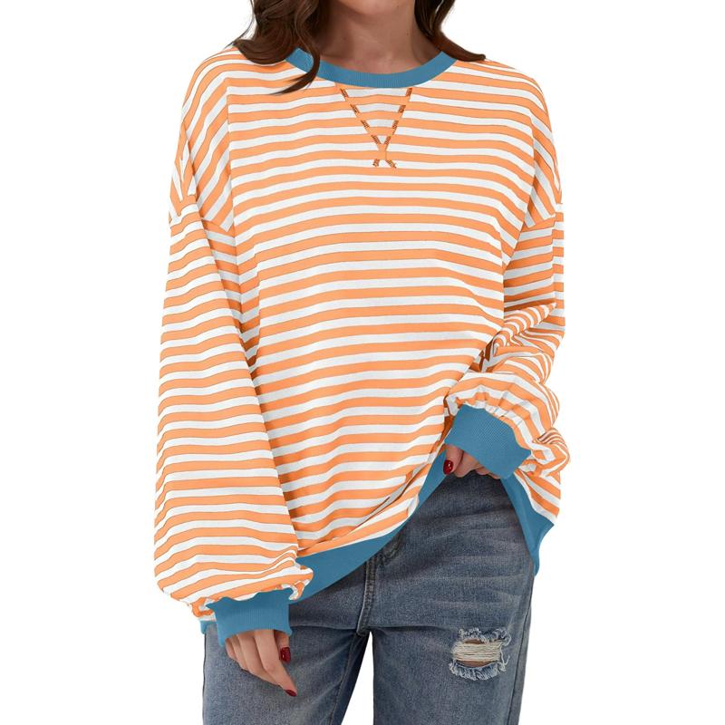 

Autumn Winter Casual Loose Women s Cotton Sweatshirts Striped Pattern Crew Neck Full Sleeve Sports Hoodie L бежевий/помаранчевий