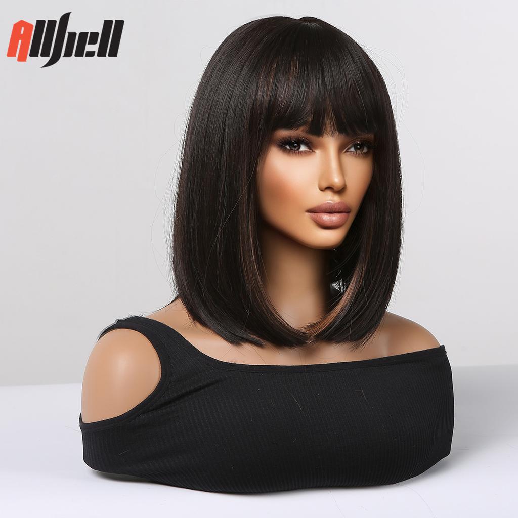 Parrucche Sintetiche Nere Naturali Parrucca Bob Corta Liscia con Frangia Nera con Mèches Marroni Parrucca Cosplay Uso Quotidiano Capelli per Donna