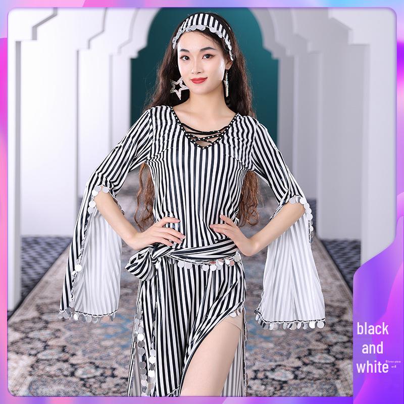 

Блестящее платье для танца живота с тростью - Золотая горячая штамповка Восточный народный костюм XL