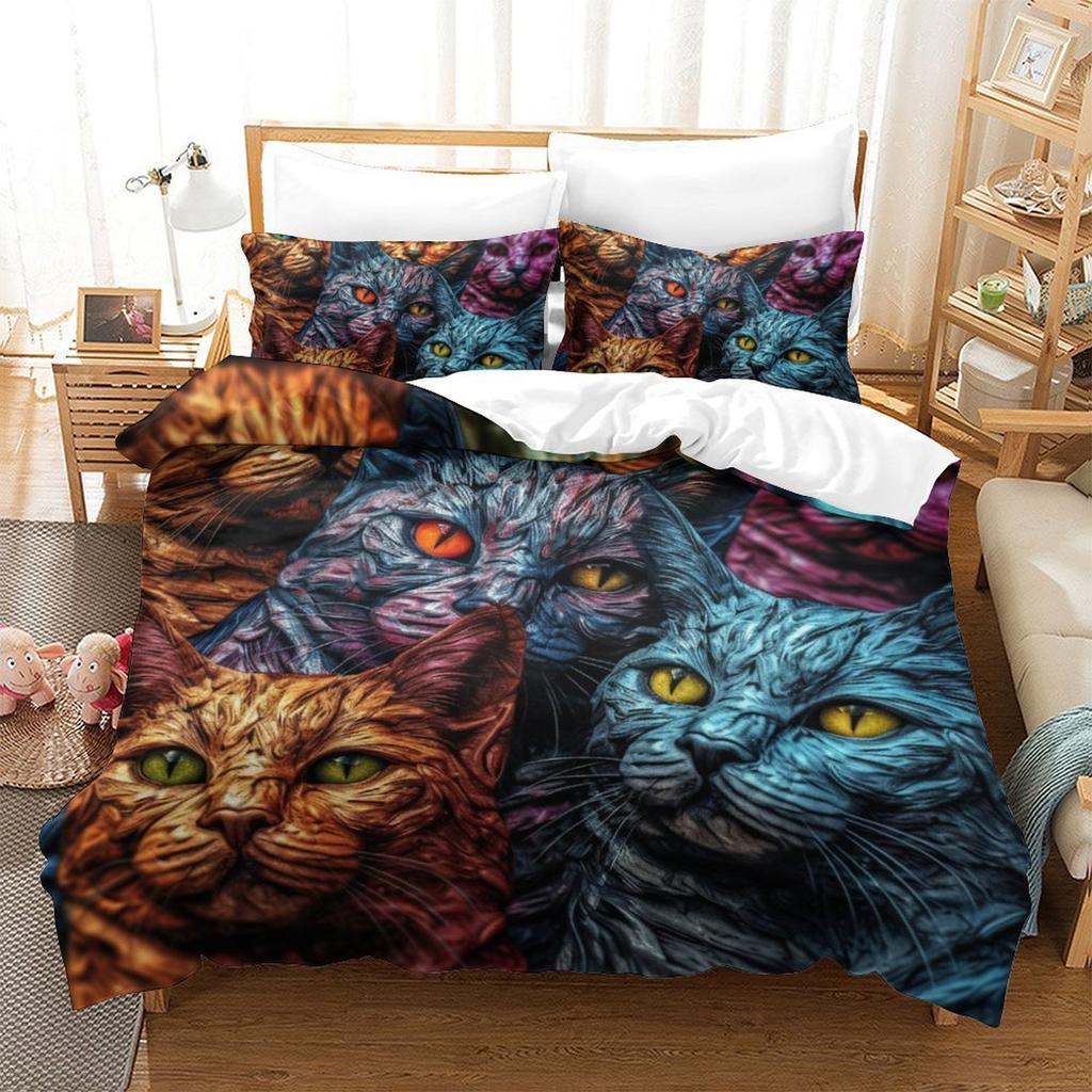 Colorful Cat 3D Digital Printing Polyester Quilt Cover Two Or Three Pieces Can Be