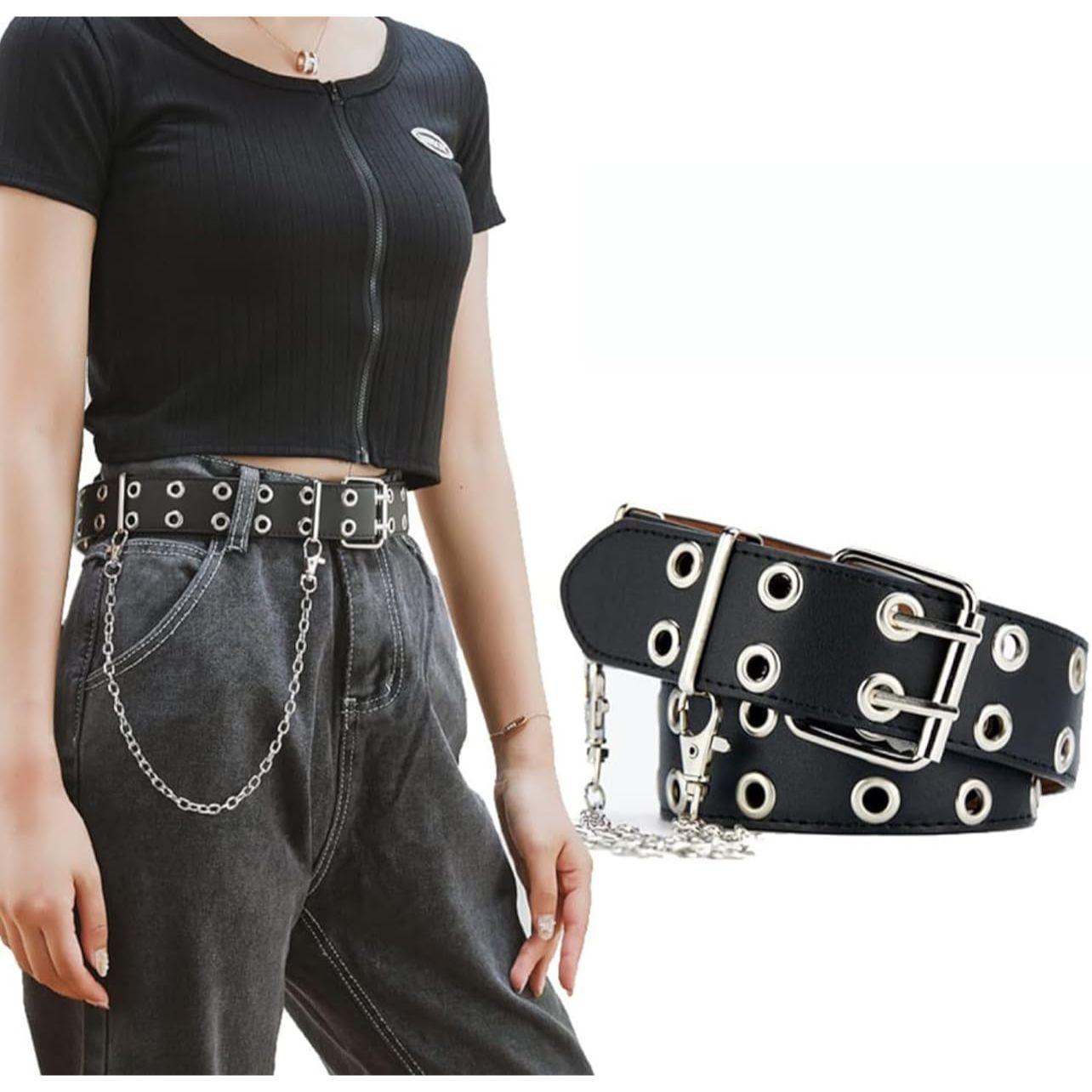 

Punk Leather Belts for Women and Girls with Stylish Chain Waist Belt for Dresses Jeans Black