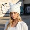Contrast Color Striped Hat Cat Ear for Women Girls Slouchy Crochet Headgear Fashionable Streetwear Headwear with Shiny Rhinestones Cute Winter Warm