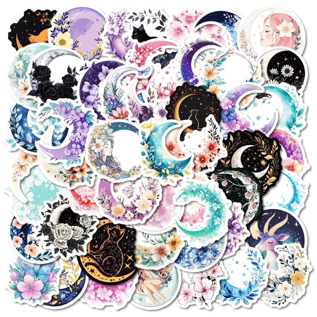 50 Non-repeat Dreamy Moon Theme Waterproof Decorative Stickers Various Creative Illustrations of Moon