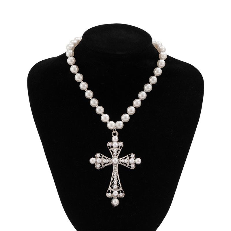 1/2 Stücke Perlenkreuz Halskette Großes Kreuz Anhänger Halsketten Für Frauen Klobige Perlenkette Gothic Punk Vintage Kreuz Halskette