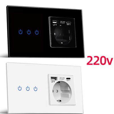 Glass Panel Touch Switch European Standard Hidden TYPEC Charging Socket Combination 220V